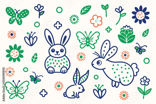 Cute springtime illustration with bunnies butterflies and flowers in a delightful decorative composition