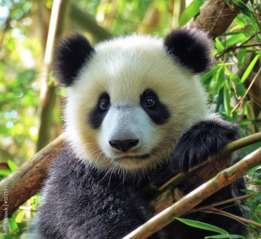 Fototapeta premium The Adorable Panda Cub Gazing From Tree in Forest