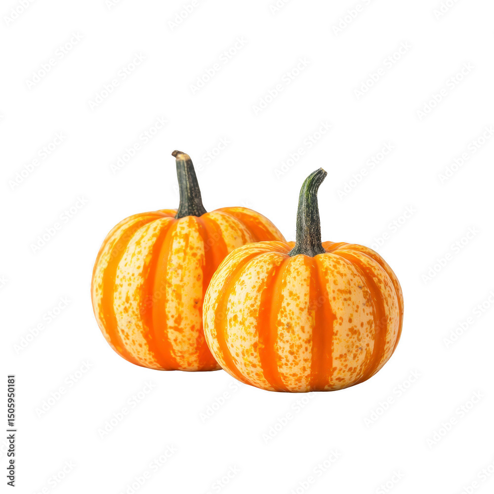 Fototapeta premium Two small orange and white striped pumpkins with green stems are displayed against plain background, showcasing their vibrant colors and unique patterns