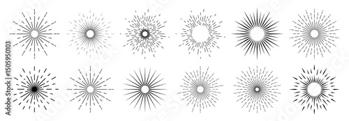 Icons with sun rays on a white background. A sunbeam with lines. Retro logo in the form of a circle with radial rays. The sun is shaped like a star. Vector Eps 10.