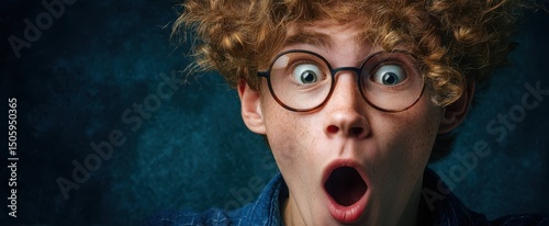 The surprised teenager with curly hair and glasses expressing astonishment in vibrant portrait.