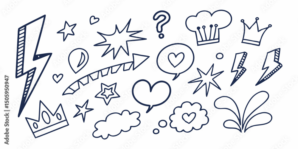 Fototapeta premium Line marker hand drawn brush arrow element set. Sketch pencil stroke vector graphic pen underline scribble icon. Hand drawn line heart, crown, star symbol highlight marker shape. Vector illustration