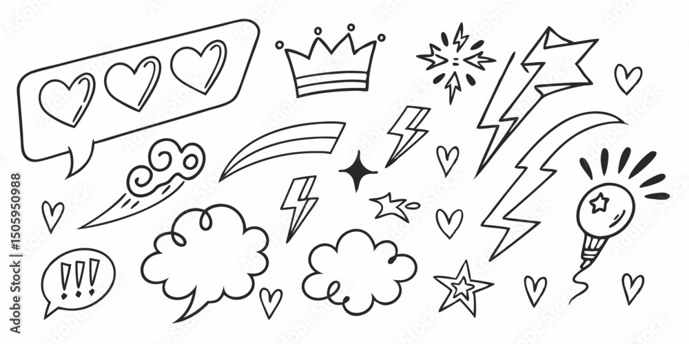 Obraz premium Line marker hand drawn brush arrow element set. Sketch pencil stroke vector graphic pen underline scribble icon. Hand drawn line heart, crown, star symbol highlight marker shape. Vector illustration