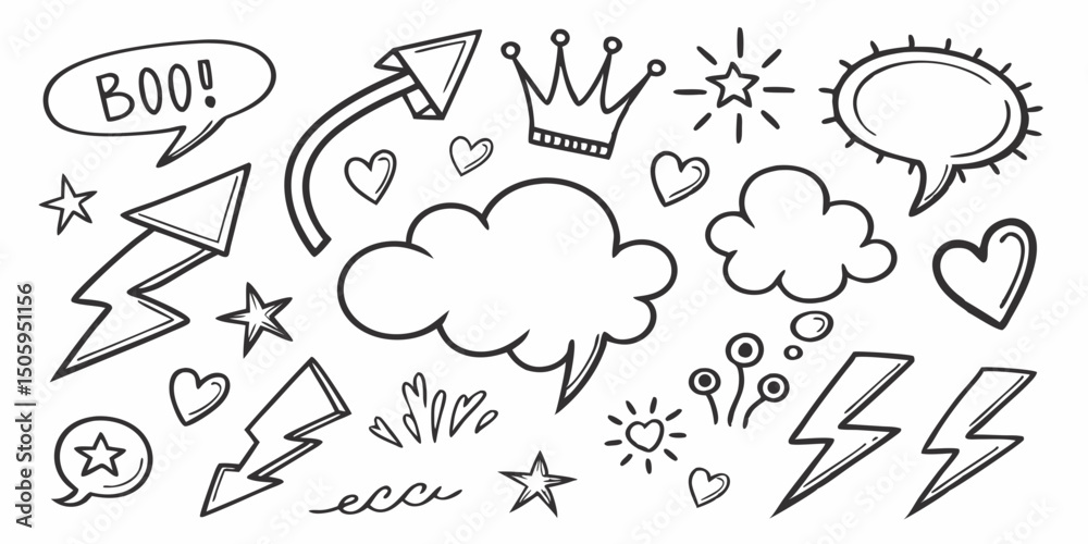 Obraz premium Line marker hand drawn brush arrow element set. Sketch pencil stroke vector graphic pen underline scribble icon. Hand drawn line heart, crown, star symbol highlight marker shape. Vector illustration
