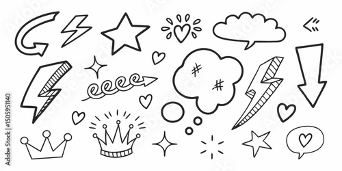 Line marker hand drawn brush arrow element set. Sketch pencil stroke vector graphic pen underline scribble icon. Hand drawn line heart, crown, star symbol highlight marker shape. Vector illustration