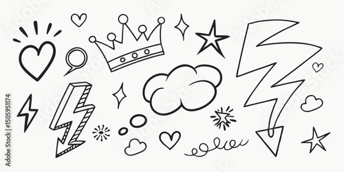 Line marker hand drawn brush arrow element set. Sketch pencil stroke vector graphic pen underline scribble icon. Hand drawn line heart, crown, star symbol highlight marker shape. Vector illustration