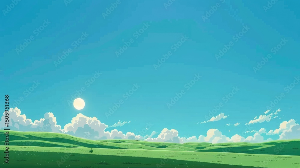 Fototapeta premium Idyllic summer meadow with blooming daisies under bright blue sky and white clouds landscape background in anime style