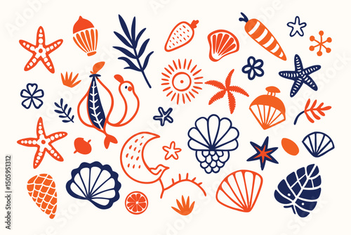 Decorative hand drawn elements in orange and blue arranged on a cream colored background.