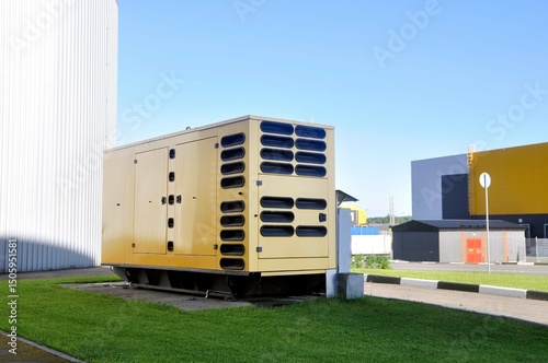 Spare stationary diesel generator for emergency power supply of modern industrial buildings.