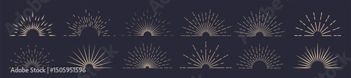 Vintage sunburst collection. The radial rays of the setting sun. A sunbeam with lines. Retro logo in the form of a semicircle with radial rays. Vector EPS 10.