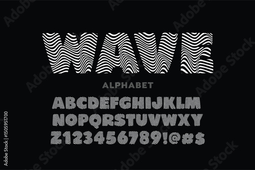 3d linear halftone alphabet, digital equalizer font for logo, headline and monogram. Horizontal lines blinds letters. Vector typography design