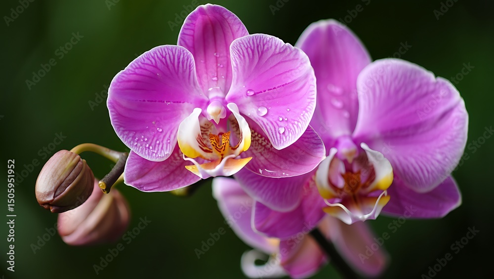 Obraz premium Close up of vibrant pink orchid flowers with water droplets on petals