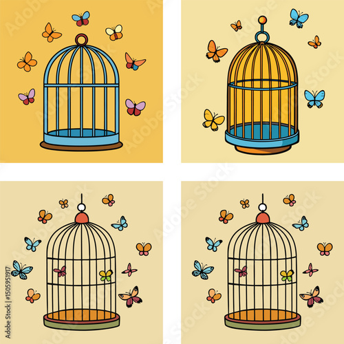Set Of Four Cartoon Birdcages Surrounded By Butterflies On A Tan Background