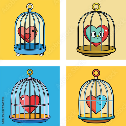 Set Of Heart Shaped Birds In Birdcages Vector Art Isolated On Backgrounds