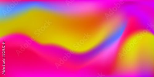 Abstract gradient background of vibrant colorful mesh with with fluid transitions between pink, yellow, blue, and purple hues. Vector mesh illustration