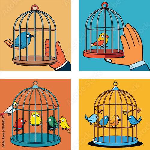 Cartoon Birds In Cages Hand Holding Birdcage Freedom And Confinement Concept Illustration