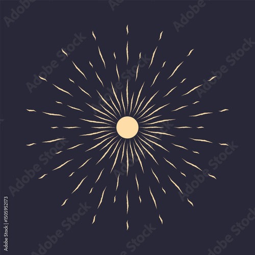 An icon with sun rays on a dark blue background. A sunbeam with lines. Retro logo in the form of a circle with radial rays. The sun is shaped like a star. Vector EPS 10.