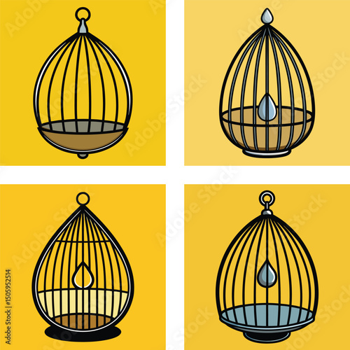 Collection Of Four Colorful Empty Birdcages On Yellow Background,Vector Illustration