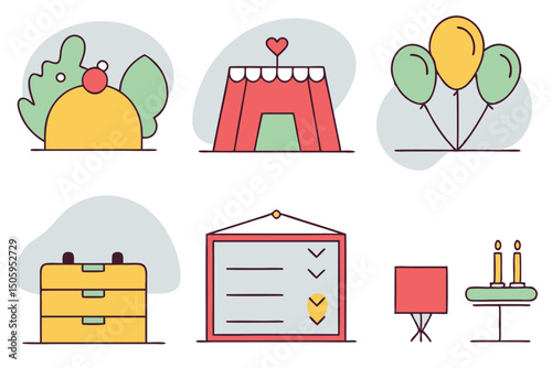 Cute colorful vector illustrations representing festivities decorations and celebration elements