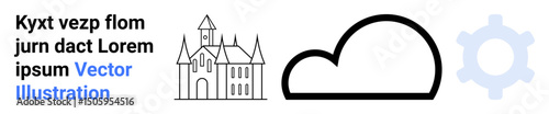 Castle outline, bold cloud, gear graphic representing architecture, technology, connectivity, innovation, automation, digital transformation. Ideal for education travel apps presentation simple