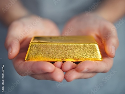 A person holds a shiny gold bar in their hands, symbolizing wealth, investment, and precious metal.