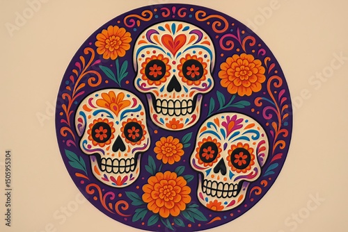 Circular day of the dead art featuring three sugar skulls with floral and swirl decorations on purple ground