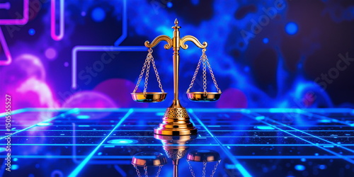 Modern tech legal world. Court data ai, online cyber crime law Web policy future. Neon lights glow board depth, blue grid center symbol. Trial system lawyer, right scale, science based ethic concept
