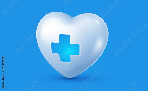 Vector illustration of realistic heart with cross on blue background. 3d cartoon style design of heart with cross. Medical symbol of first aid icon