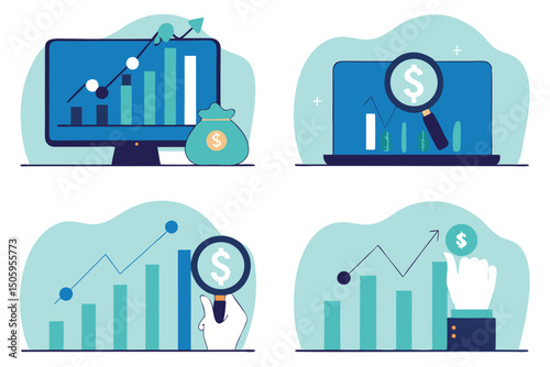 Financial analysis and investment strategies represented by charts graphs and money related icons