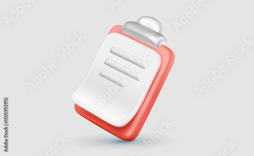 Vector illustration of realistic medical clipboard on light background. 3d cartoon style design of hospital task list board. Medical survey document form icon
