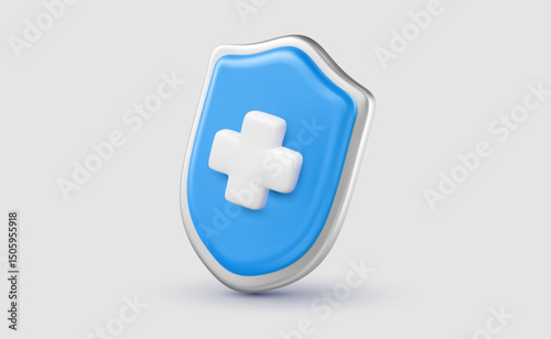 Vector illustration of realistic shield with cross on light background. 3d cartoon style design of medical shield icon. Business safety insurance symbol