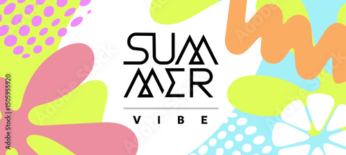Vector creative summer illustration of geometric seasonal background. Flat cartoon style retro color design of template with summer text and abstract shape. Tropical leaves and spot
