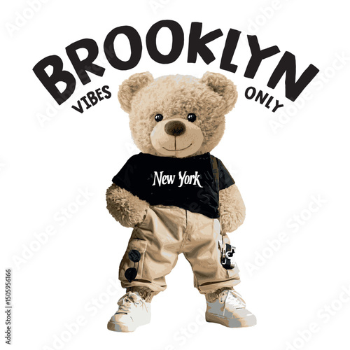 New York themed teddy bear vector illustration.Teddy bear vector hand drawn illustration cute print design for kids.College themed, cute animal graphic print for textiles. Teddy bear graphic.