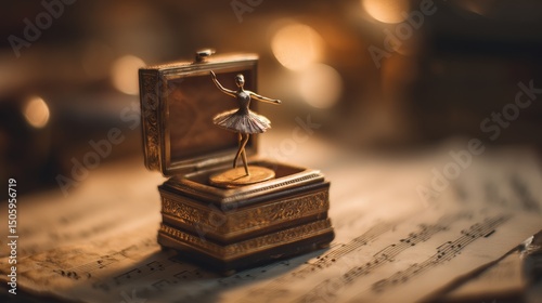 A classic music box with a dancing ballerina sits atop sheet music, evoking nostalgia and timeless beauty.
