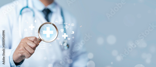 Medical checkup concept. The doctor is holding a magnifying glass with healthcare icon to Annual health check on hospital or clinic. Medical Examination service. Assessment and disease diagnosis.