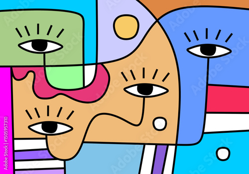 Colorful abstract cubism face illustration.