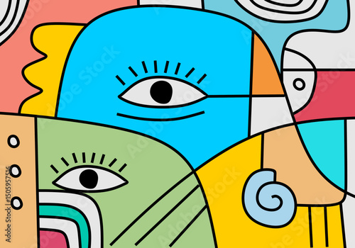 Expressive abstract face illustration with bright colors and flowing geometric lines in cubist pop style.