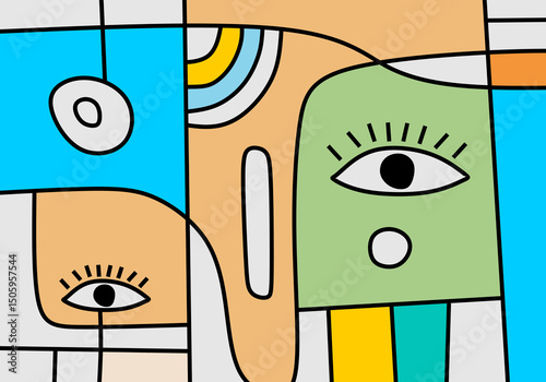 Expressive abstract face illustration with bright colors and flowing geometric lines in cubist pop style.