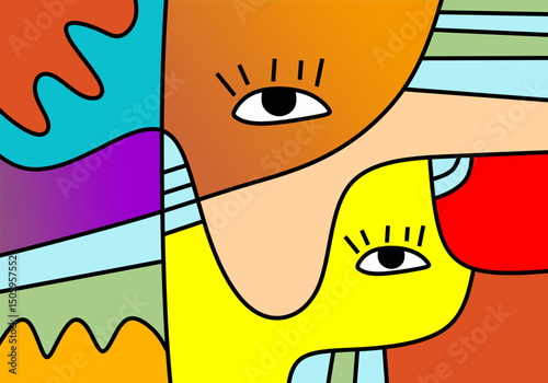 Abstract face art with vibrant colors and expressive eyes, inspired by cubism with geometric fragmentation.