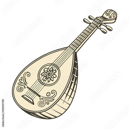 Lute Instrument vector art illustration. Black music instrument rock, jazz silhouette. music band vector illustration icons set Vector design.