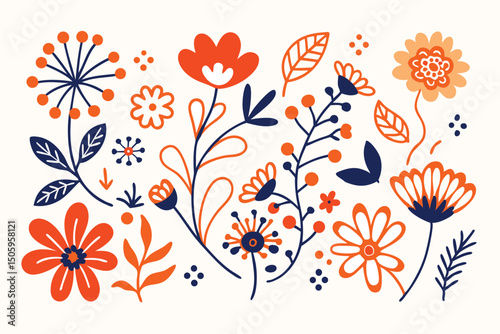 Elegant floral arrangement with ornate flowers and leaves in bold orange and blue colors