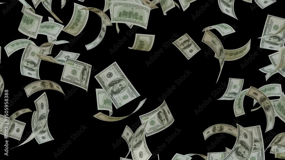 Dollar Banknotes flying 3d animation. Falling Money effect solid color background for Overlay.	