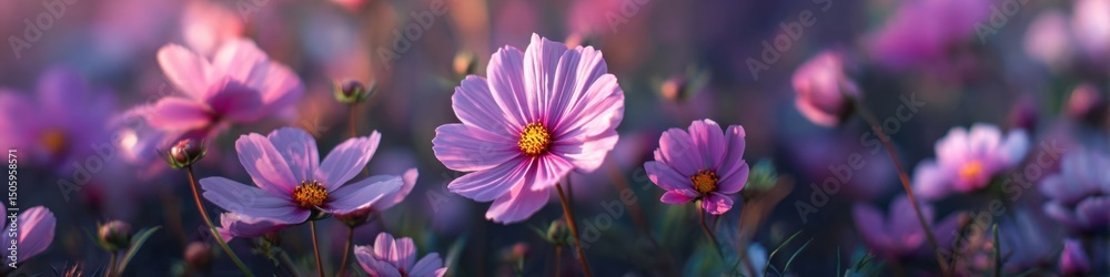 Fototapeta premium Vibrant pink cosmos flowers blooming in sunlit garden