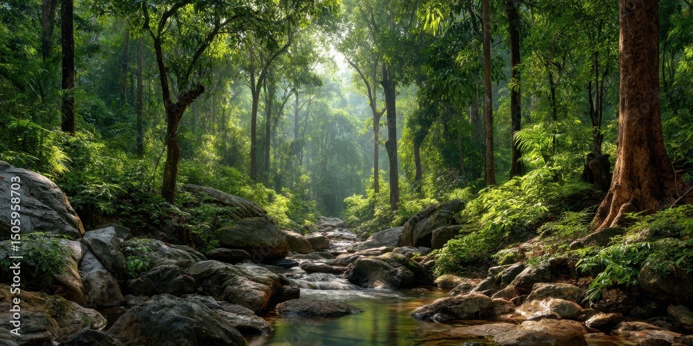 Obraz premium Lush green forest with flowing stream and sunlit trees