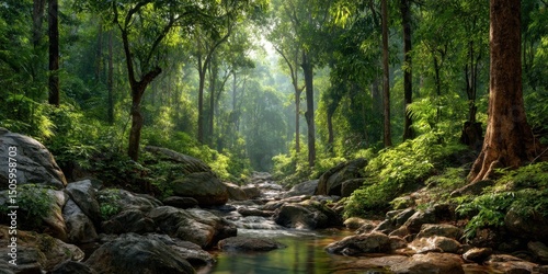 Lush green forest with flowing stream and sunlit trees
