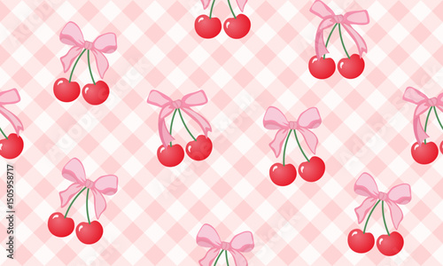bow seamless patterns, ribbon, gift wrapping paper seamless pattern, Vector graphics. happy birthday, anniversary, party, celebration, fabric, textile, cherry, red pink blue, check, watercolor effect