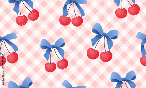 bow seamless patterns, ribbon, gift wrapping paper seamless pattern, Vector graphics. happy birthday, anniversary, party, celebration, fabric, textile, cherry, red pink blue, check, watercolor effect