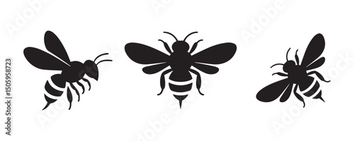 set of insects, Set of Bee Silhouette Art Vector Illustration, Africanized bee (killer bee) silhouette, vector Bundle, bee silhouette vector black on white background, bee silhouette.