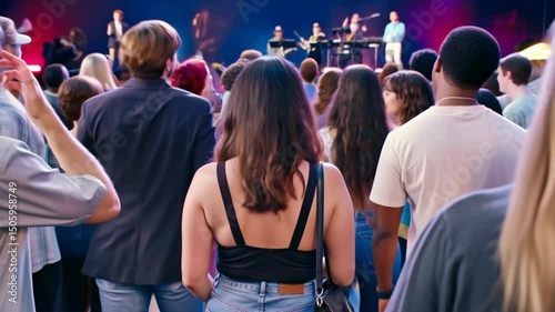 Concert crowd enjoying live music performance with vibrant stage lighting and engaged audience