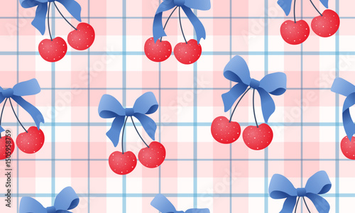 bow seamless patterns, ribbon, gift wrapping paper seamless pattern, Vector graphics. happy birthday, anniversary, party, celebration, fabric, textile, cherry, red pink blue, check, watercolor effect